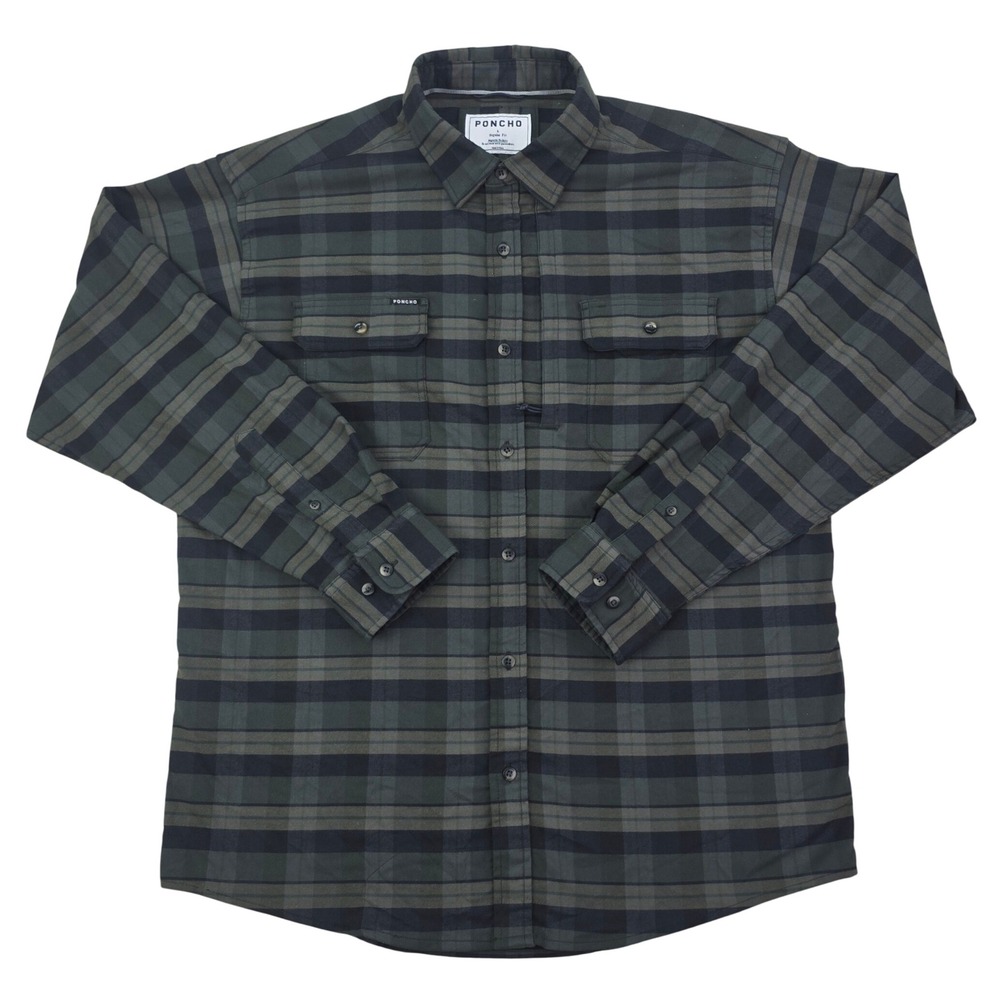 PONCHO Regular Fit Plaid Flannel Shirt Mens L Green Black Magnetic Buttons Tech